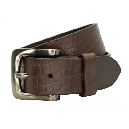 Full Grain Crocodile Scale Embossed Brown Leather Belt