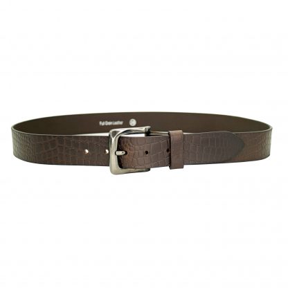 Full Grain Crocodile Scale Embossed Brown Leather Belt